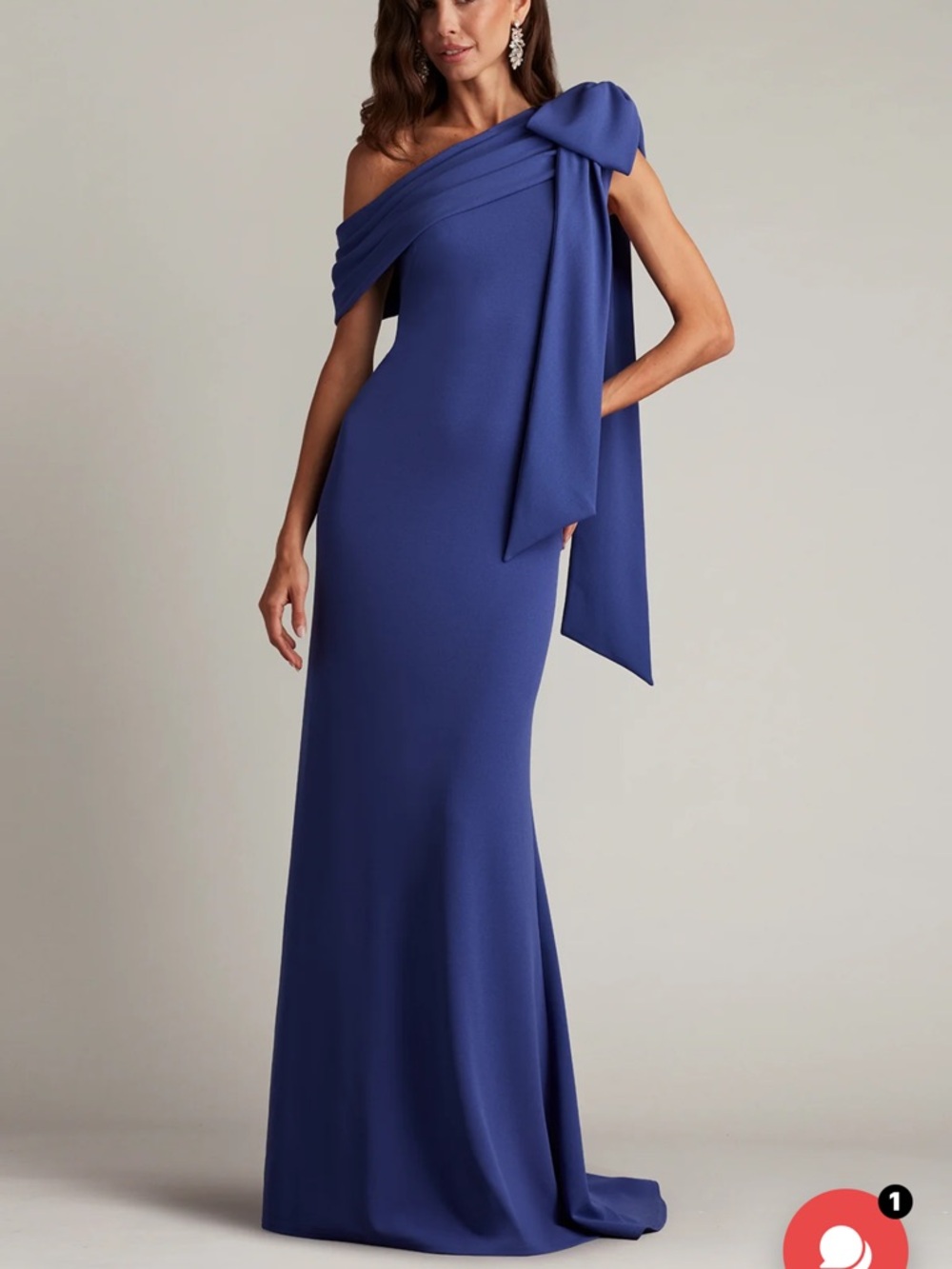 Tadashi Shoji One-Shoulder Sapphire Blue Gown with Draped Bow